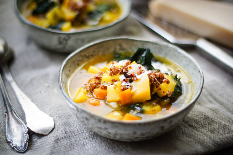 Gekochtes Gemüse: Steckrübeneintopf, Möhren Suppe mit Quinoa und Safran