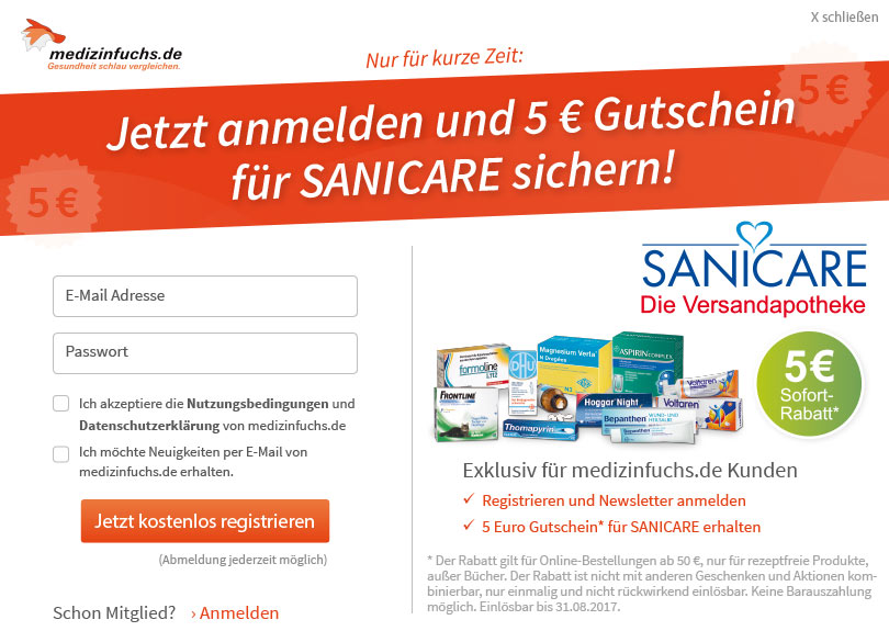 Gutschein-Aktion Sanicare Pop-up