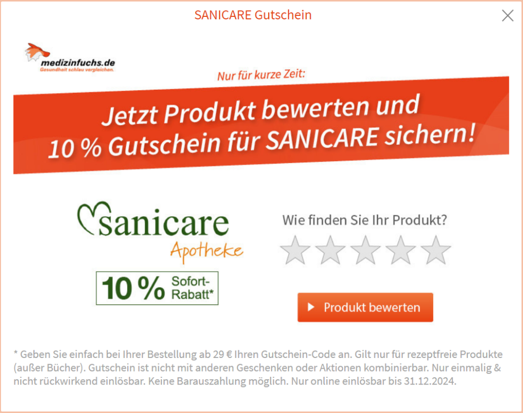 Jetzt Produkt bewerten und 10% Gutschein* für Sanicare sichern!