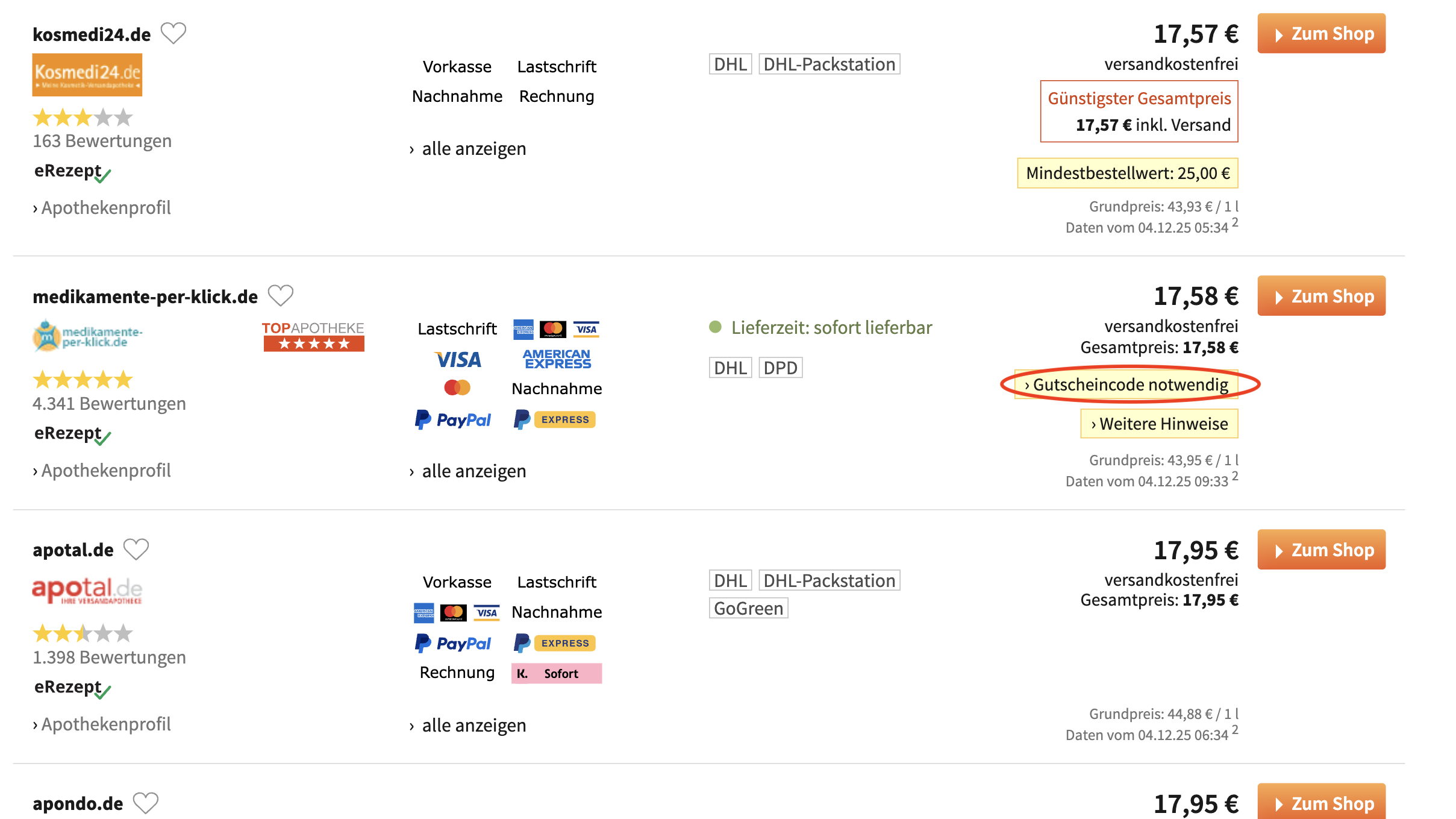 Screenshot Feld "Gutscheincode notwendig" auf medizinfuchs.de finden