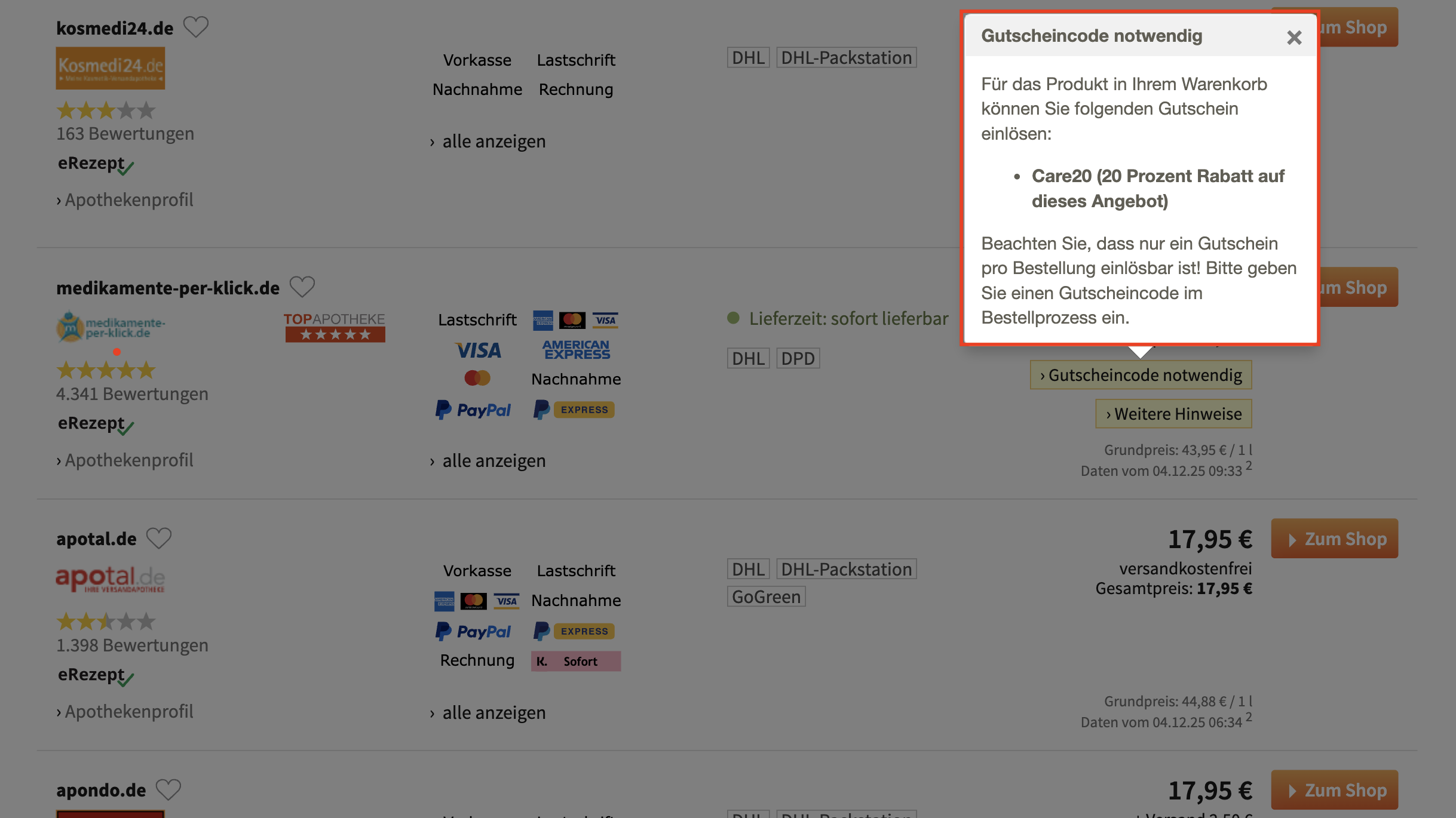 geöffnetes Feld mit Gutscheincode für Rabatte