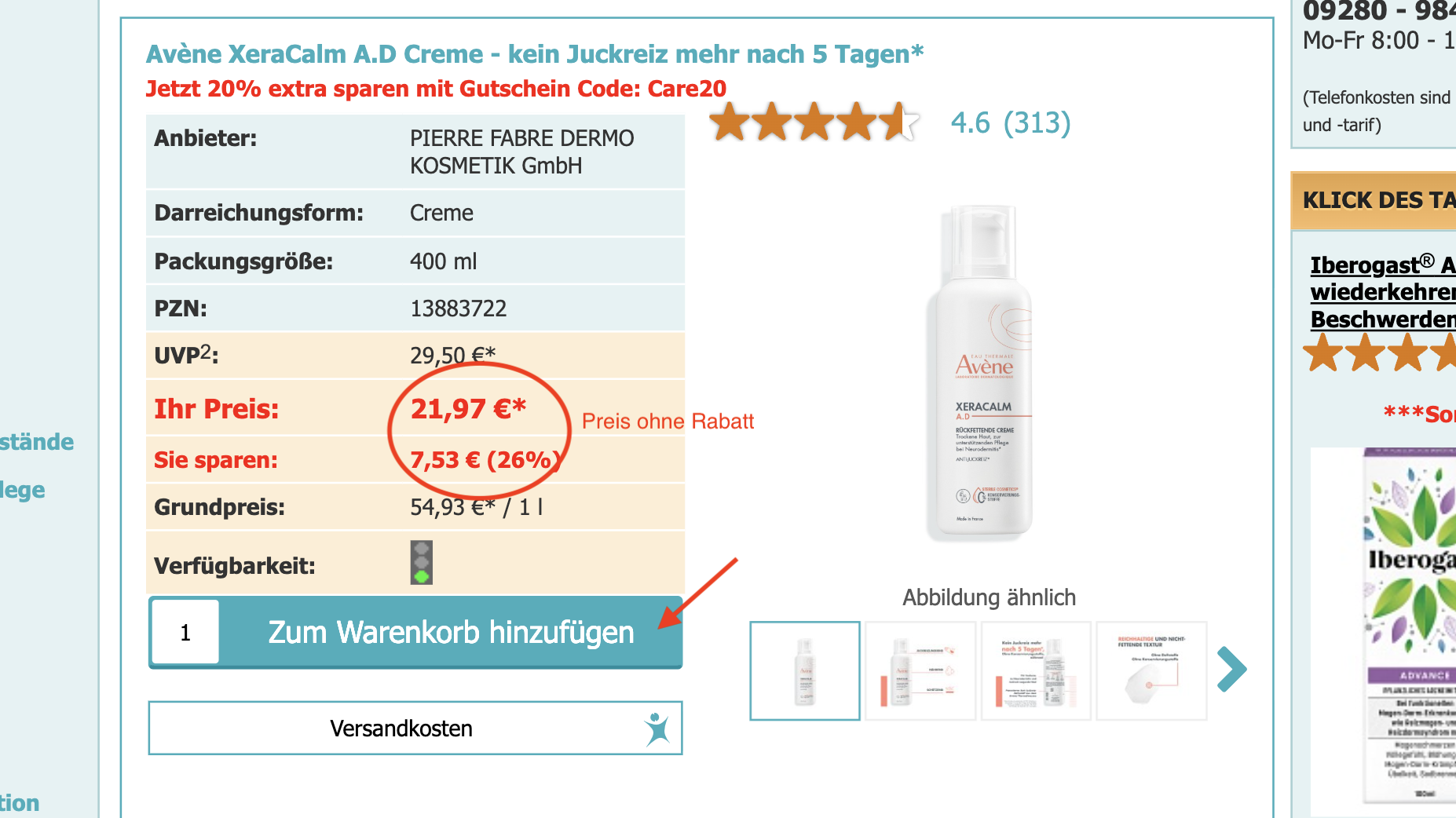 Screenshot Produkt auf der Website der Online-Apotheke