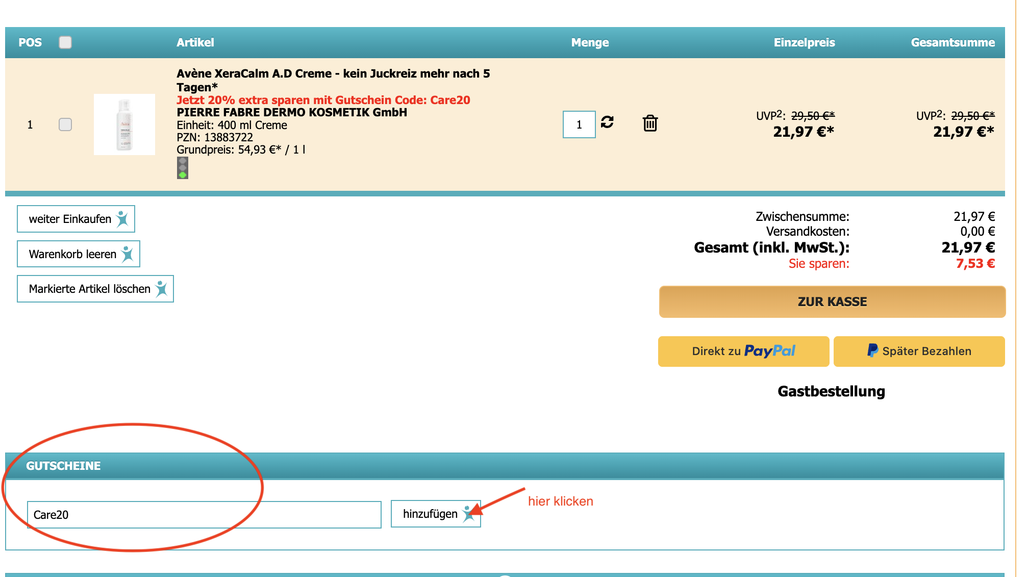 Screenshot Gutschein in Warenkorb einlösen