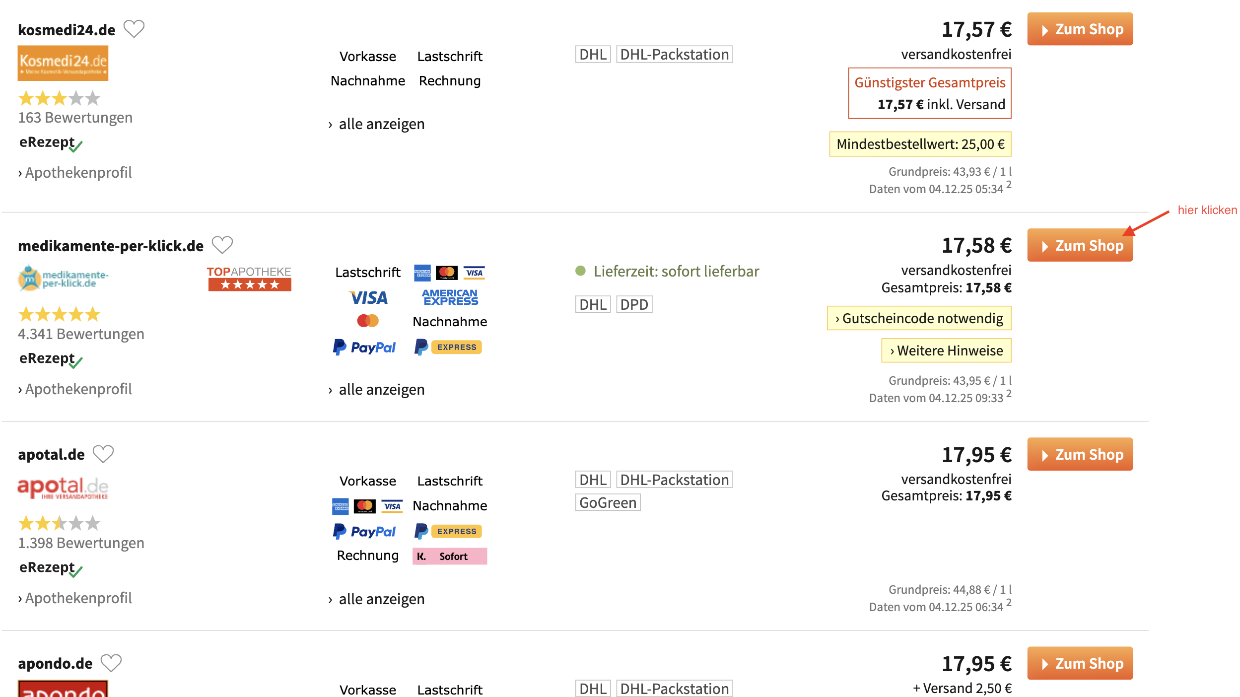 Screenshot Feld "zum Shop" 